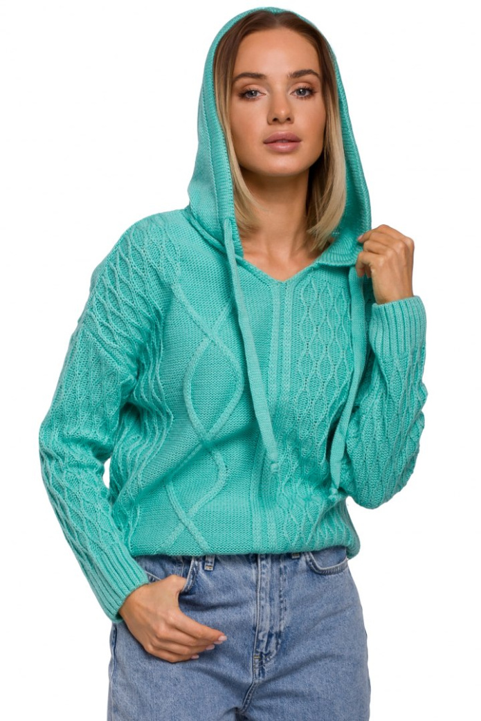 Sweter Damski - Z Kapturem - seledynowy